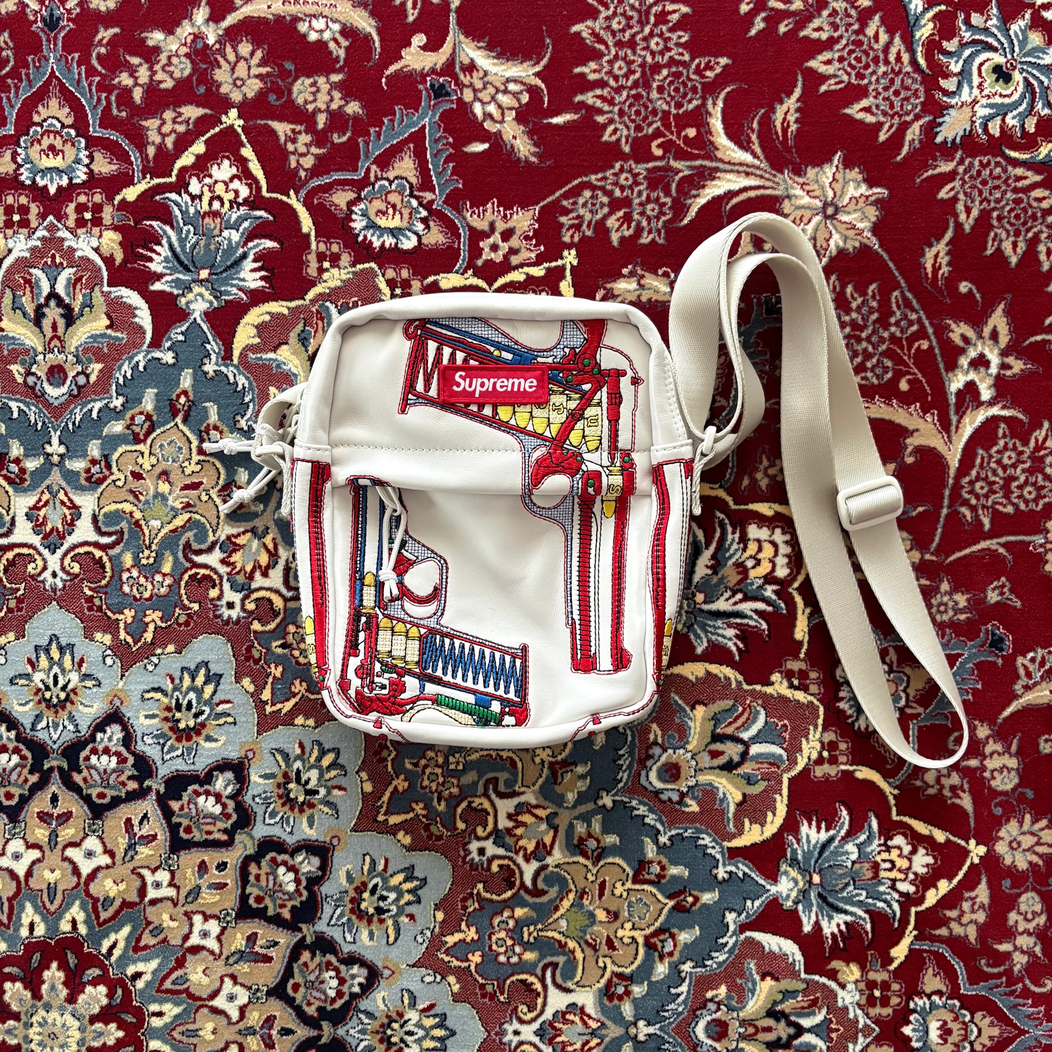 Supreme Guns Embroidered Leather Shoulder Bag "White"