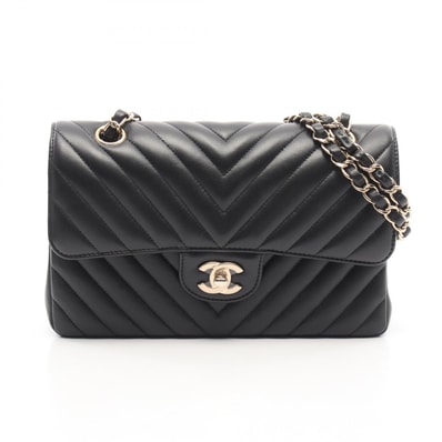 シャネル CHANEL シェブロン Vステッチ Wフラップ ショルダーバッグ バッグ ラムスキン(羊革) レディース ブラック系 【中古】