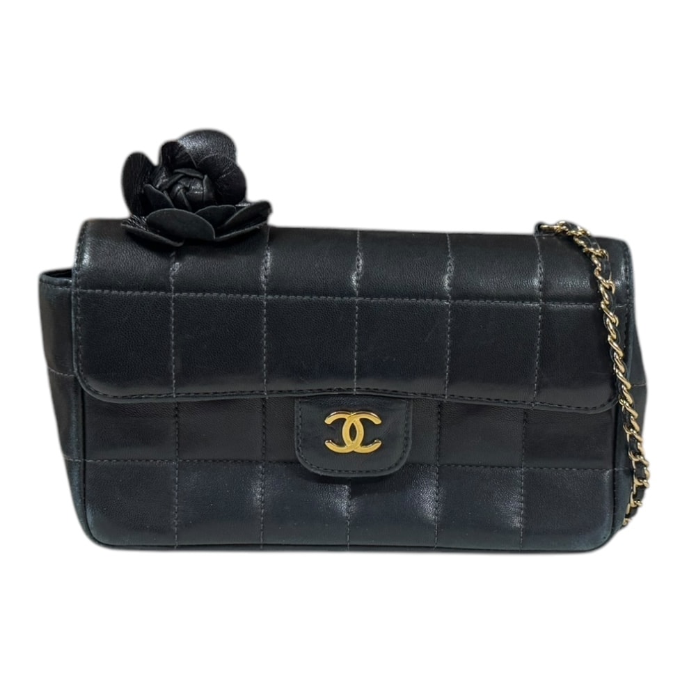 シャネル チョコバー カメリア ショルダーバッグ ラムスキン 16780 ブラック レディース CHANEL  中古