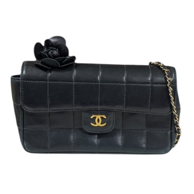 シャネル チョコバー カメリア ショルダーバッグ ラムスキン 16780 ブラック レディース CHANEL 中古