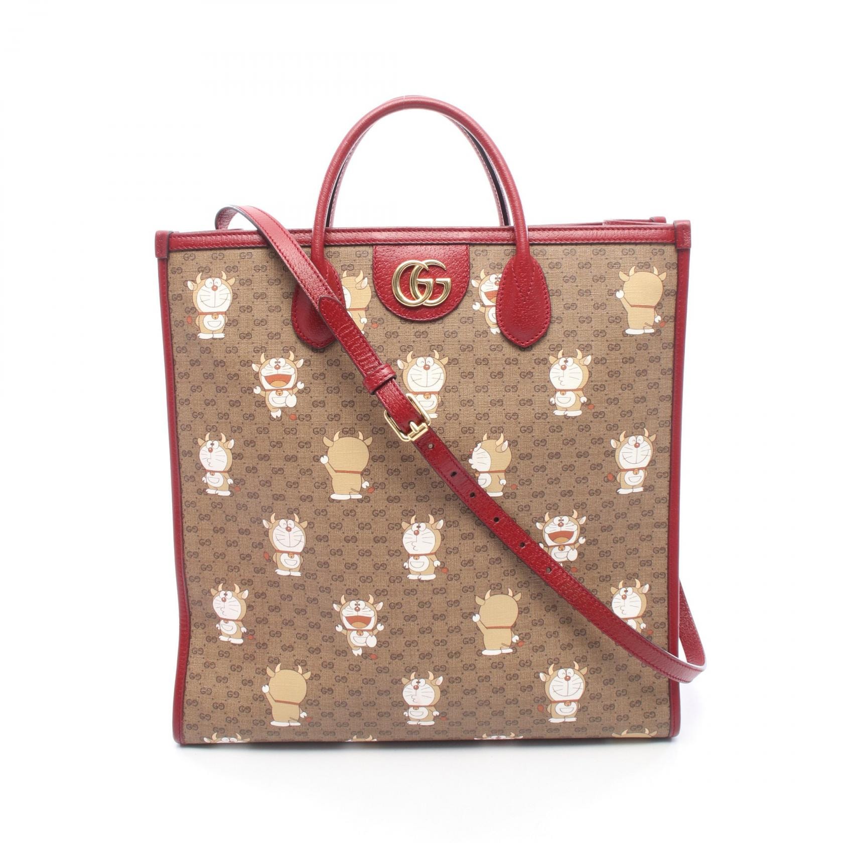 グッチ GUCCI GUCCI × ドラえもん GGスプリーム 2WAY トートバッグ バッグ PVCコーティングキャンバス レザー レディース ブラウン系 / レッド系 / マルチカラー 654345 【中古】
