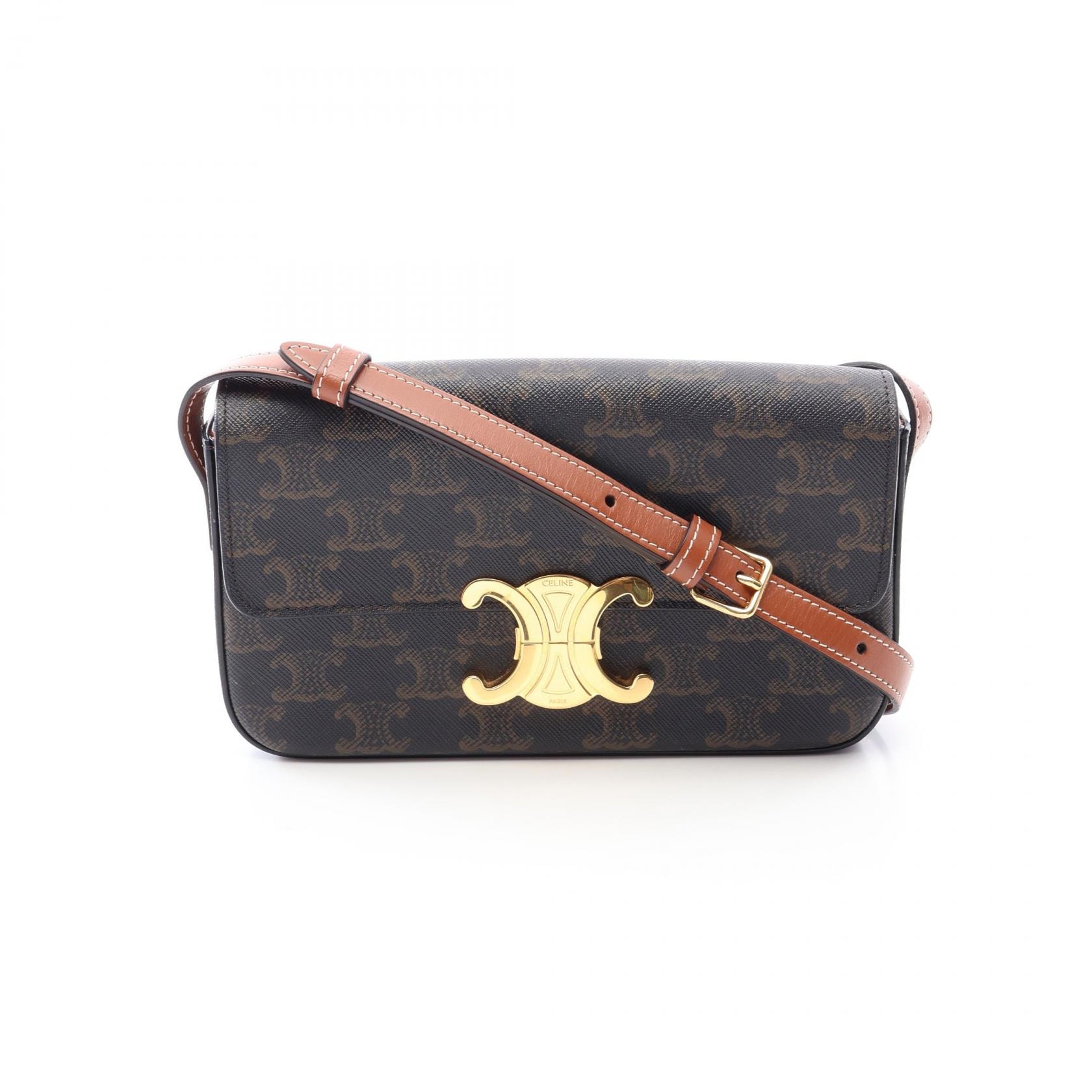 セリーヌ CELINE クロード トリオンフ ショルダーバッグ バッグ PVCコーティングキャンバス レザー レディース ブラウン系 【中古】