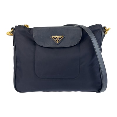 PRADA プラダ テスート 三角ロゴプレート ネイビー ゴールド金具 ナイロン レザー/ ショルダーバッグ ポシェット 505725 【中古】