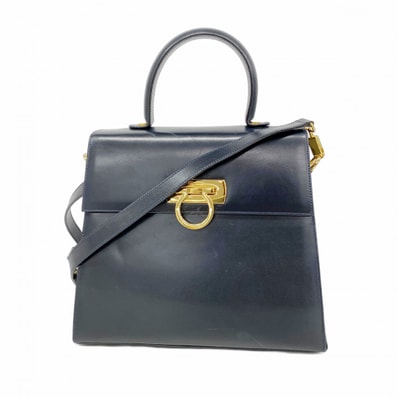 【6dd4760】サルヴァトーレフェラガモ ハンドバッグ ガンチーニ レザー ネイビー ゴールド金具 2wayバッグ【中古】レディース