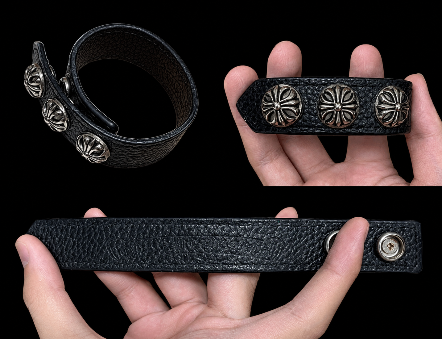 Chrome Hearts 3 Button 2 Snap Leather Bracelet "Black/Silver"
