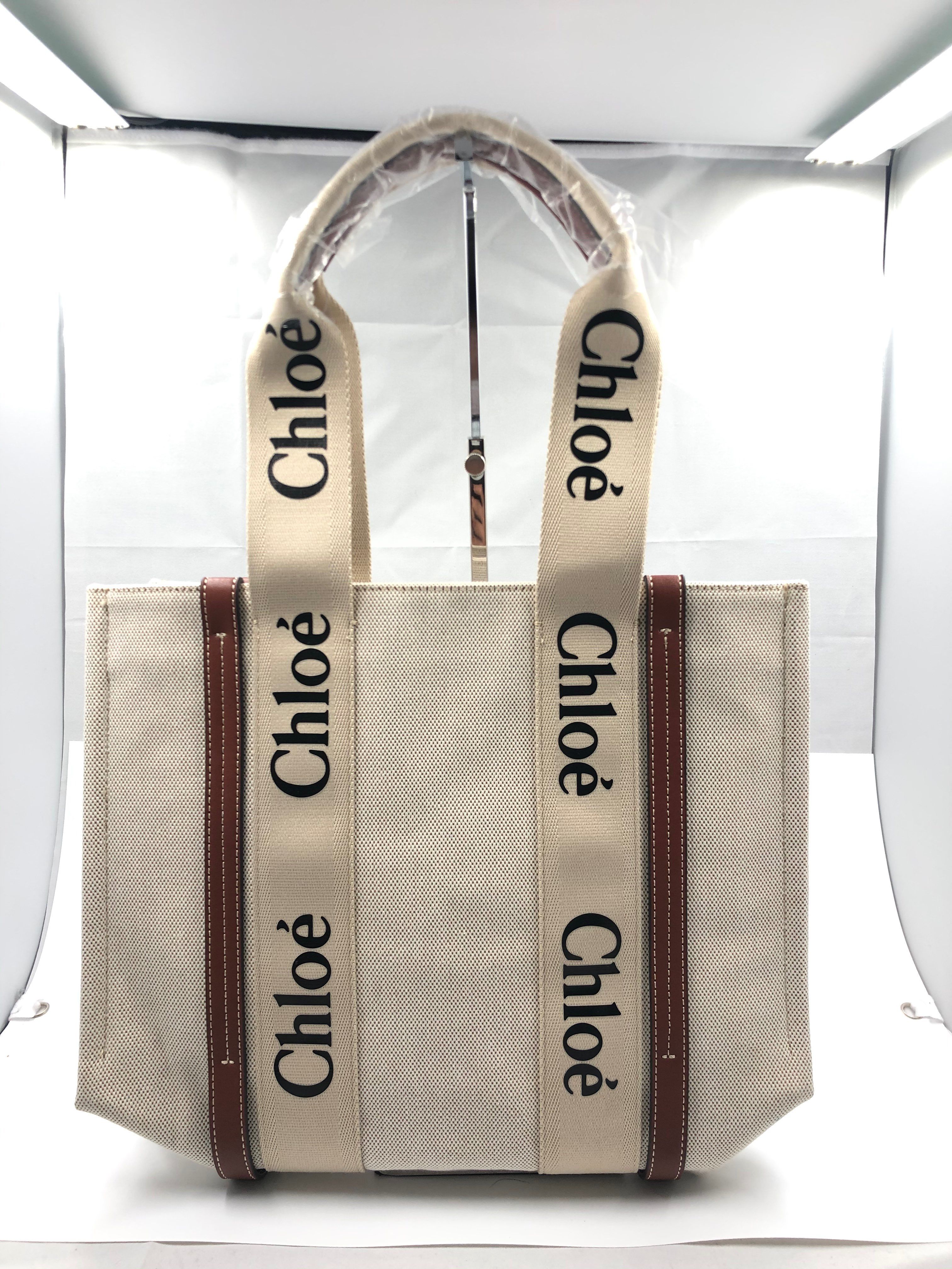 Chloe Large Woody Tote Bag In Cotton Canvas & Shiny Calfskin With Woody Ribbon "Brown"