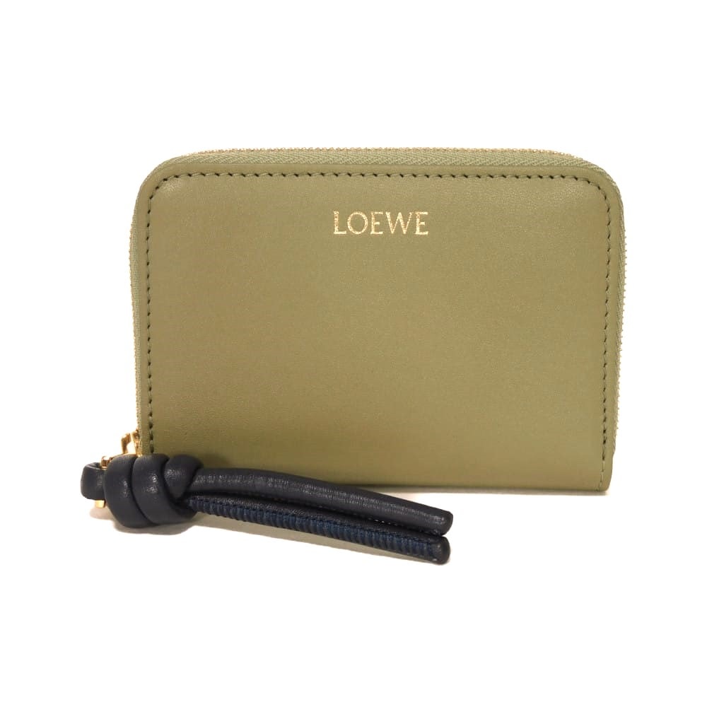 LOEWE ロエベ ジップ コインパース 現行ノット シャイニー ナパ カーフ ディープネイビー ラウンドファスナー コンパートメント カードケース 小銭入れ 財布 ミニウォレット ロゴ ユーカリグリーン コインケース CEM1ZCPX02 5659