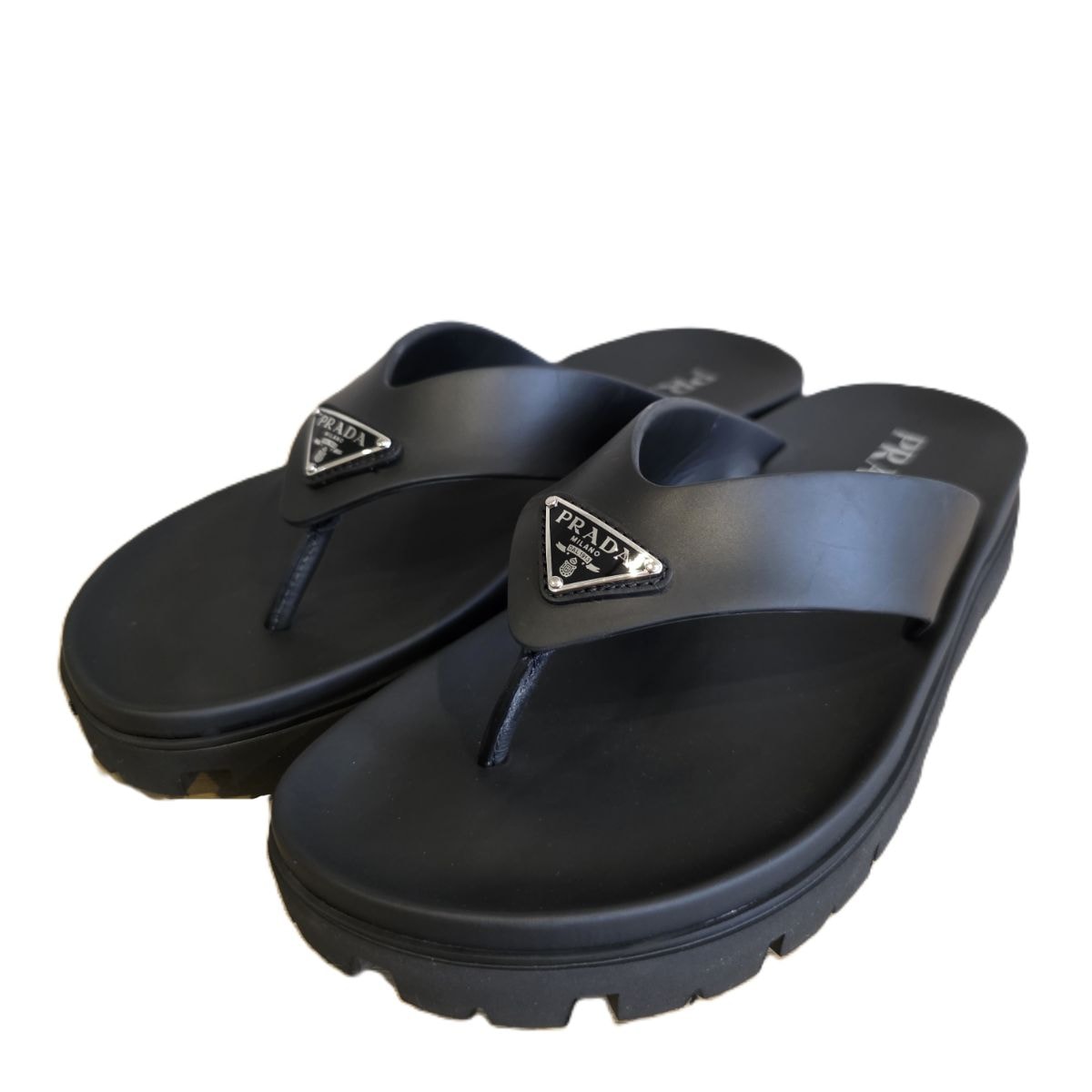 PRADA プラダ ラバー トングサンダル トライアングルロゴ 三角ロゴ 8 27cm サンダル 2Y3130 ラバー ブラック メンズ【中古】
