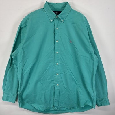 古着 ラルフローレン RALPH LAUREN 長袖シャツ ボタンダウンシャツ ワンポイント ロゴ 刺繍 大きいサイズ XL ブルー系 無地 メンズ