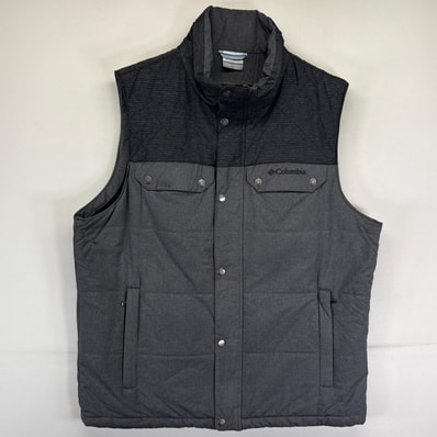 古着 コロンビア Columbia ベスト 中綿 フルジップ ワンポイントロゴ キルティング アウトドア L グレー系 メンズ