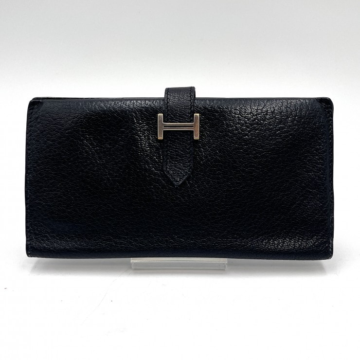 HERMES(エルメス)ベアンクラシック 二つ折り長財布 ブラック レザー シルバー金具 H刻印 メンズ レディース【中古】