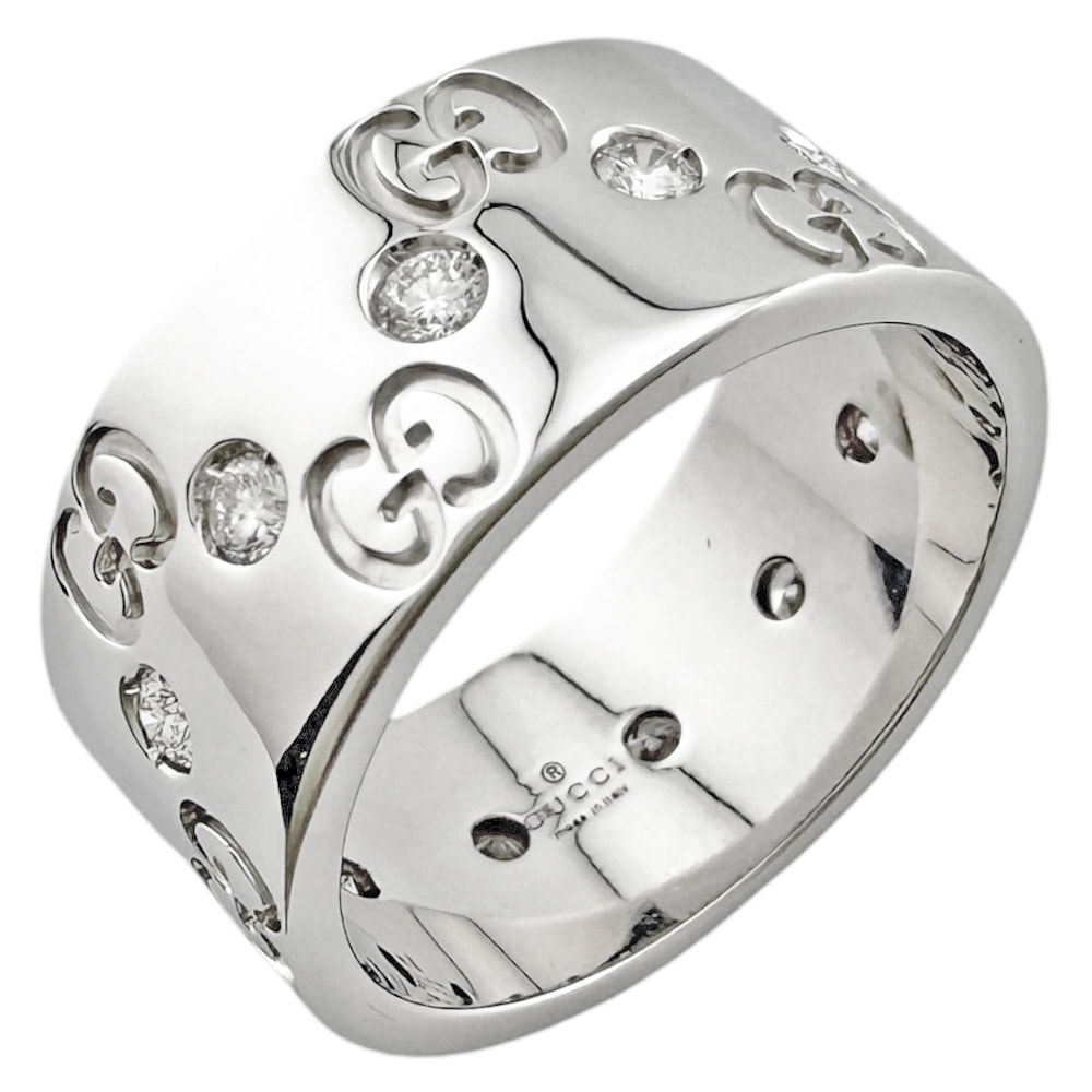 グッチ アイコン ワイド リング 指輪 13.5号 18金 K18ホワイトゴールド ダイヤモンド レディース GUCCI 中古