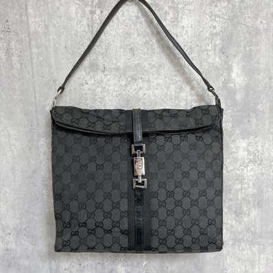 【GUCCI】グッチ ジャッキー ショルダーバッグ GGキャンバス ジャッキー金具 シルバー金具 ブラック レザー 肩掛け レディース イタリア製