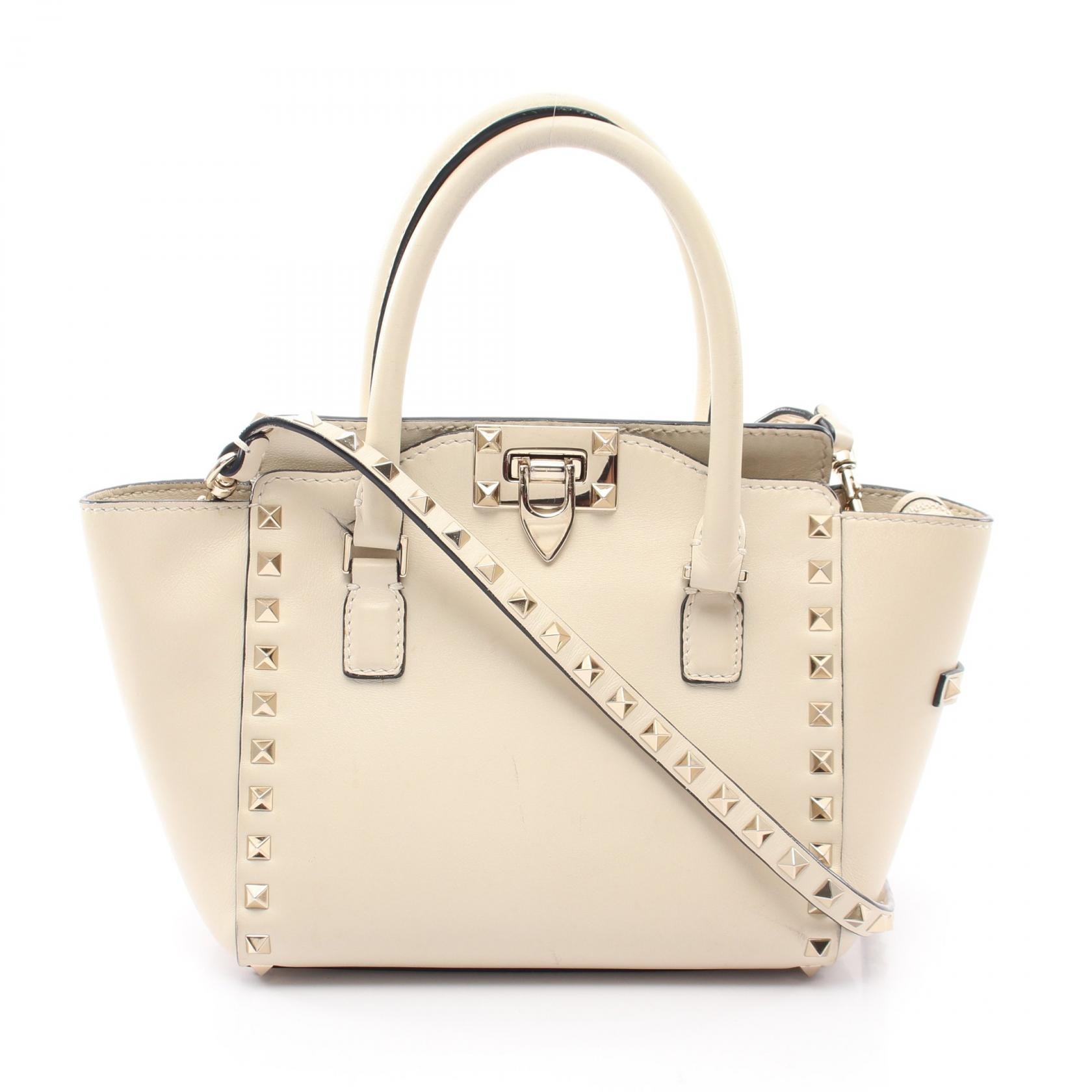 ヴァレンチノ Valentino ロックスタッズ 2WAY ハンドバッグ バッグ レザー レディース アイボリー系 【中古】