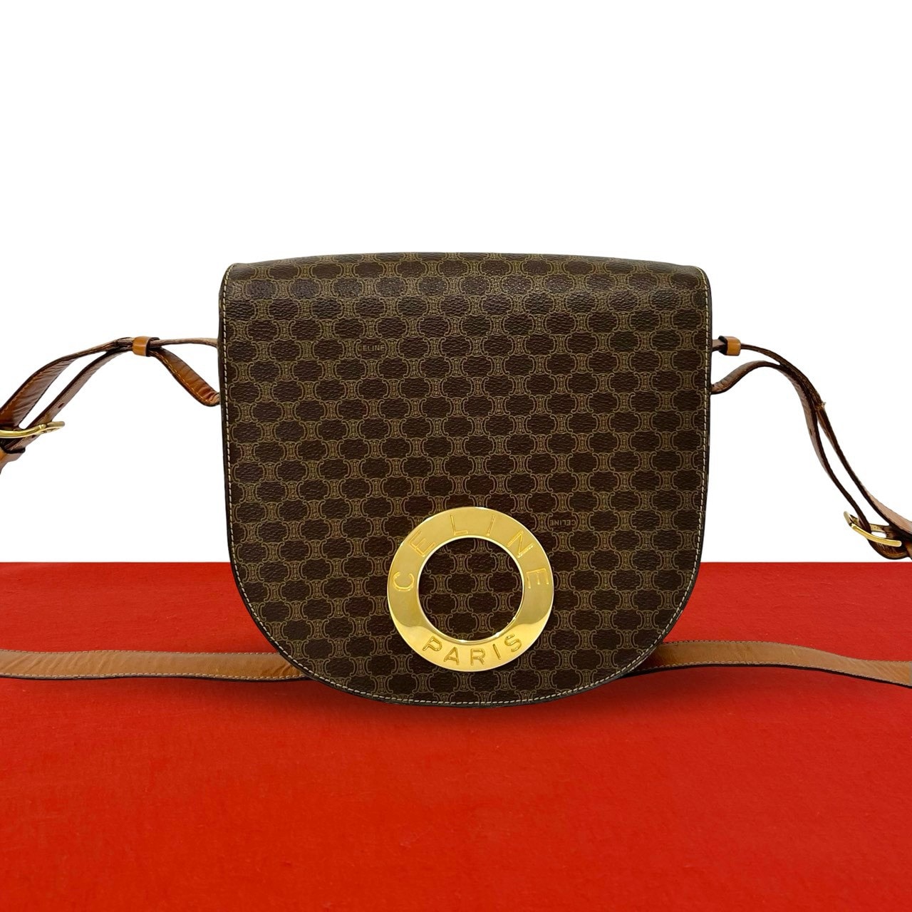 CELINE セリーヌ マカダム 柄 サークル ロゴ 金具 レザー PVC ショルダーバッグ ブラウン
 74662