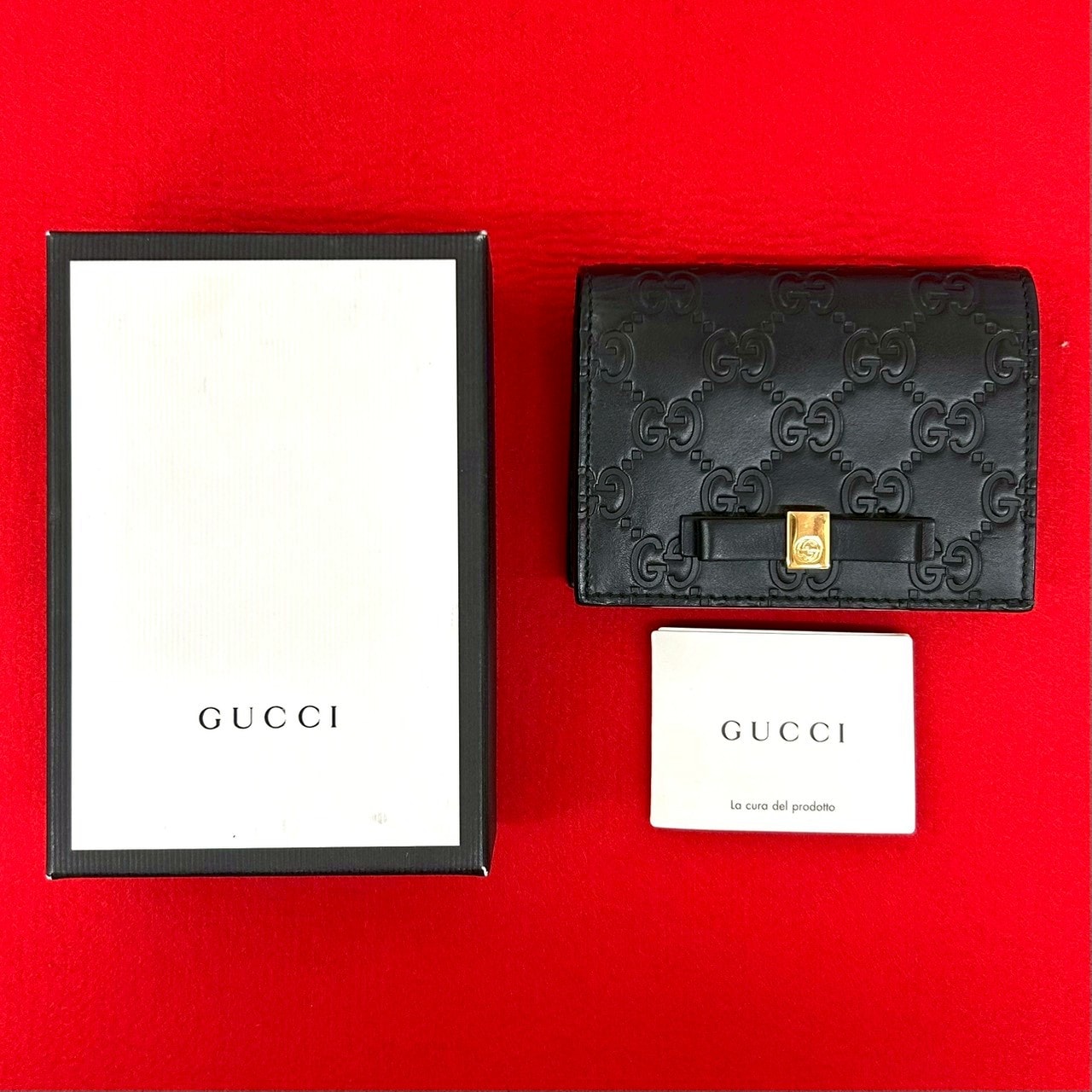 GUCCI グッチ シマ GG ロゴ 金具 リボン モチーフ レザー カードケース ブラック
41863