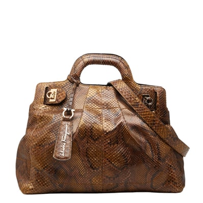 サルヴァトーレフェラガモ ガンチーニ パイソン ハンドバッグ ショルダーバッグ 2WAY ブラウン レザー レディース Salvatore Ferragamo 【中古】