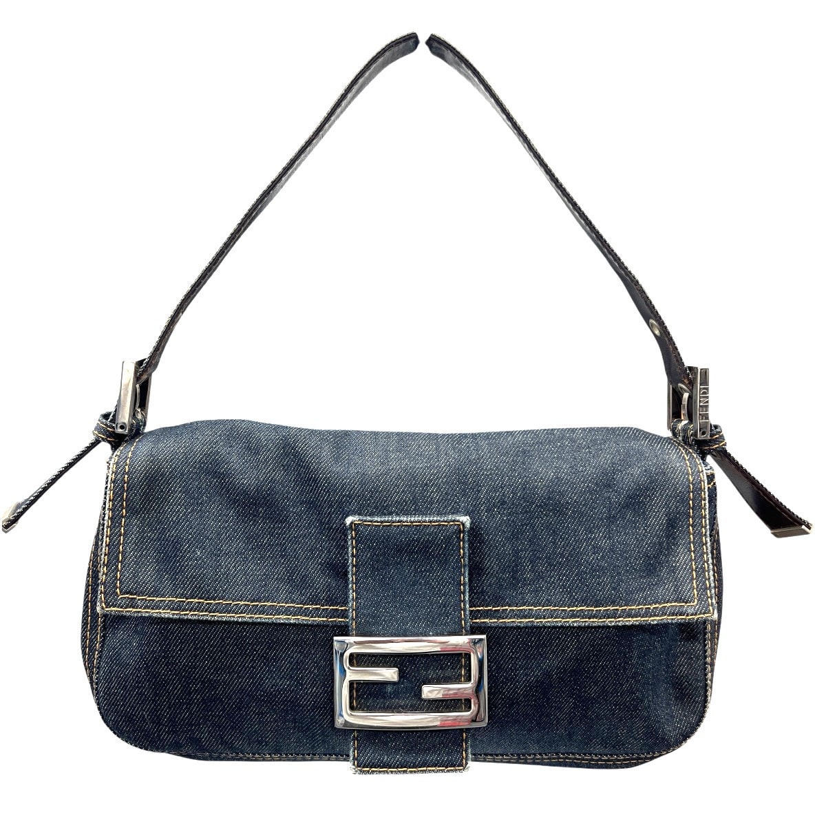 FENDI 希少 美品 フェンディ マンマバケット ショルダーバッグ 26424 デニム レザー ネイビー ブルー ブラウン ワンショルダー セミショルダー ハンドバッグ FF金具 Y2K ABランク 中古 鑑定済 フェンディバッグ