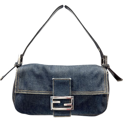 FENDI 希少 美品 フェンディ マンマバケット ショルダーバッグ 26424 デニム レザー ネイビー ブルー ブラウン ワンショルダー セミショルダー ハンドバッグ FF金具 Y2K ABランク 中古 鑑定済 フェンディバッグ