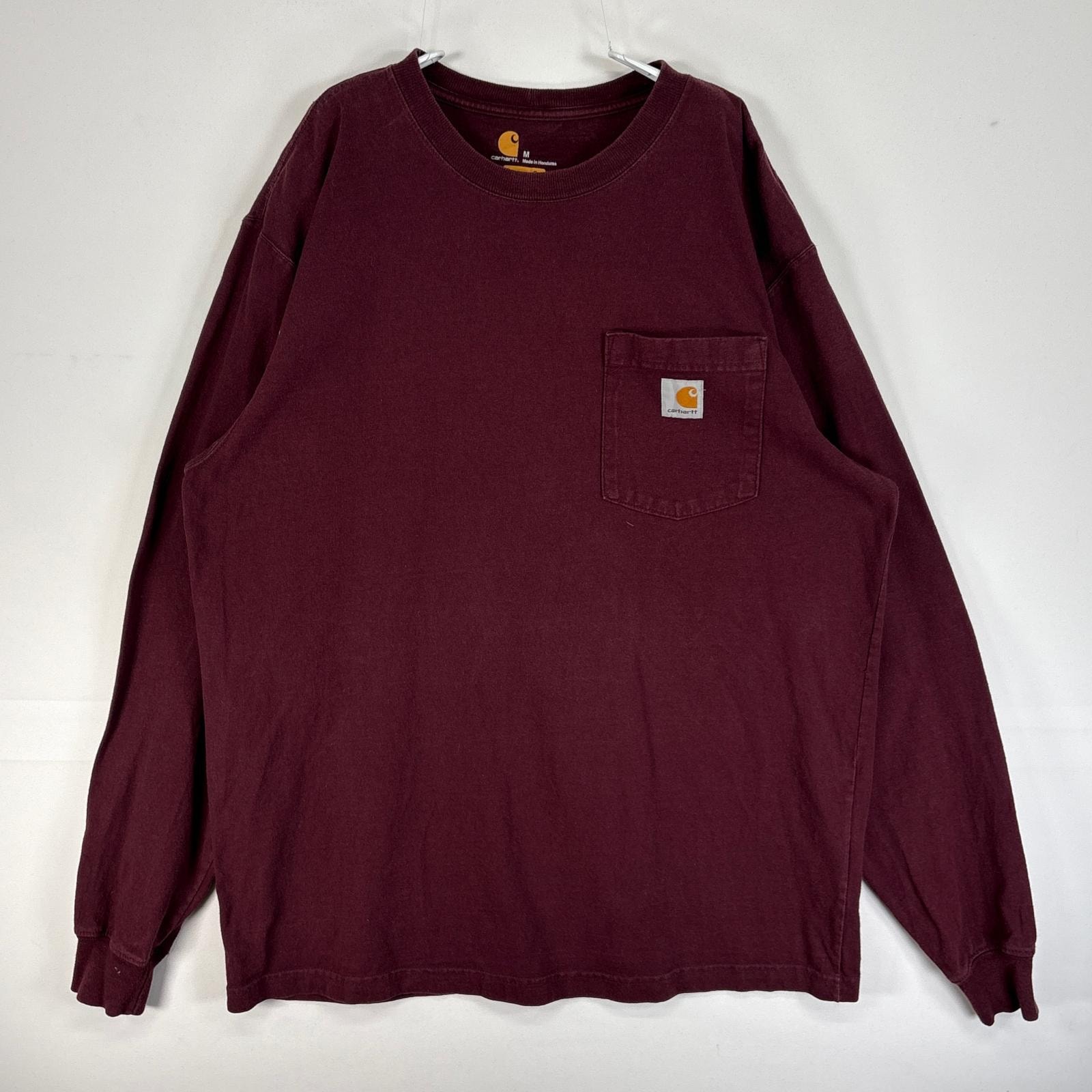 古着 カーハート Carhartt 長袖Tシャツ ワンポイント ロゴ 肉厚 フェード クルーネック M  ワインレッド 無地 メンズ