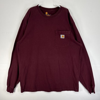 古着 カーハート Carhartt 長袖Tシャツ ワンポイント ロゴ 肉厚 フェード クルーネック M ワインレッド 無地 メンズ