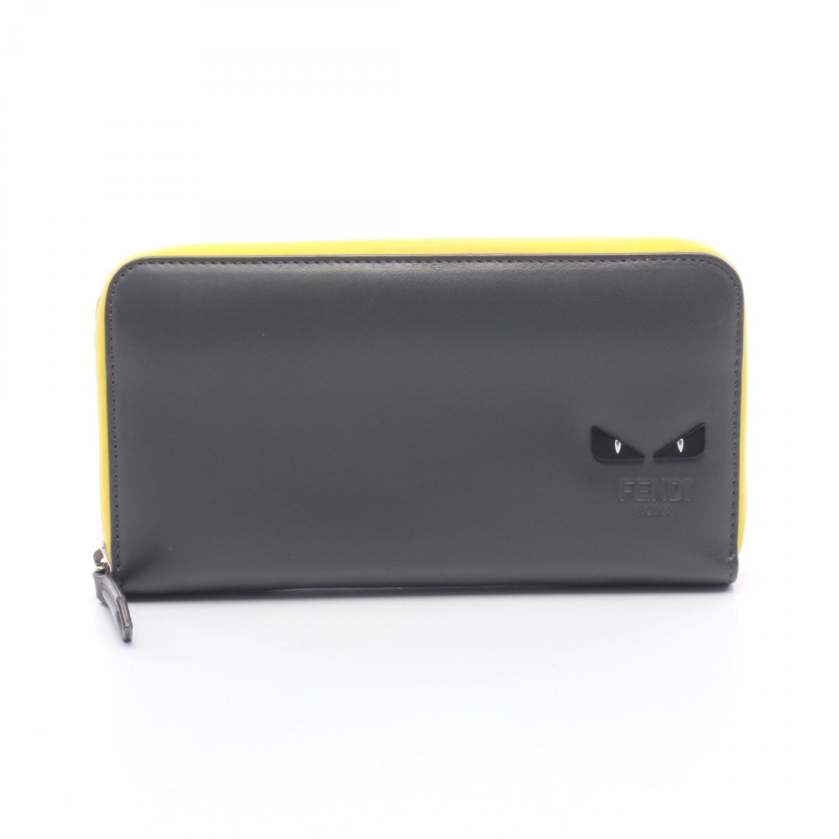 フェンディ FENDI モンスター バグズアイ ラウンド長財布 財布 レザー メンズ レディース グレー系 / イエロー系 7M0210 【中古】