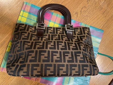 FENDI Zucca Canvas Leather Handle Bag "Brown"