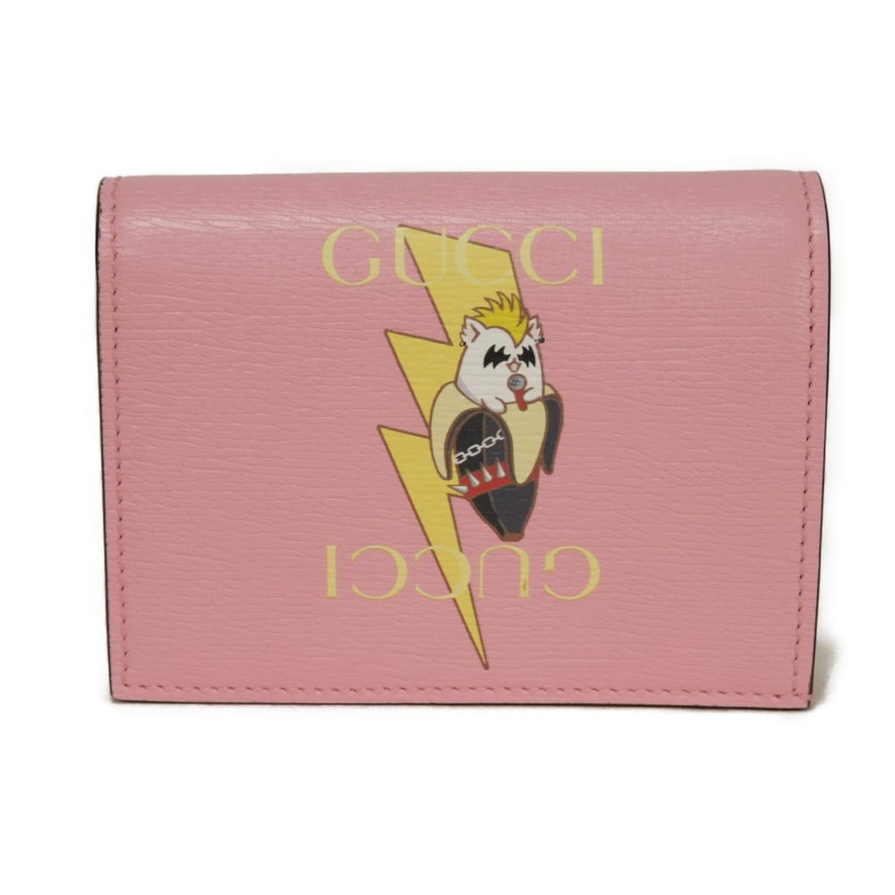 GUCCI グッチ ばなにゃ コンパクト ウォレット バナナ ライトニングボルト イナズマ パステル 札入れ カードケース コインケース ロゴ ライトピンク 二つ折り財布 701009