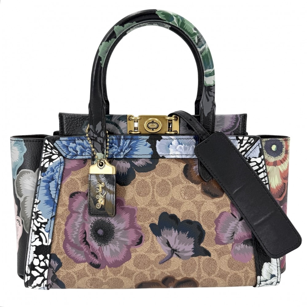 COACH コーチ 2WAY トループ キャリーオール カフェ・ファセット 肩掛け 斜め掛け フラワー 花 ハンドバッグ ショルダーバッグ レザー ブラック 黒 マルチカラー ゴールド金具 レディース【中古品】