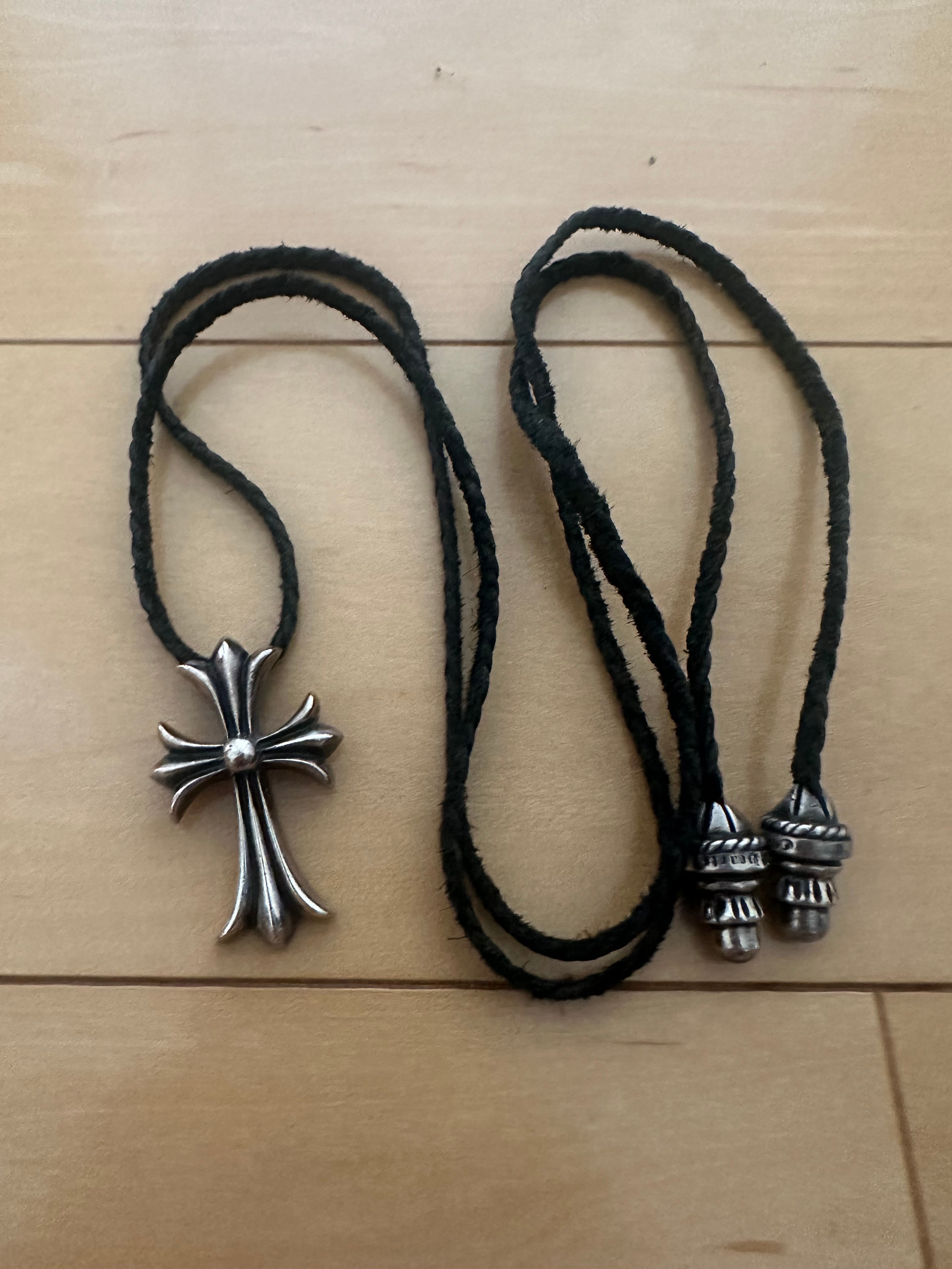 Chrome Hearts Small CH Cross Leather Braid W Bolo Tip Necklace "Silver"
