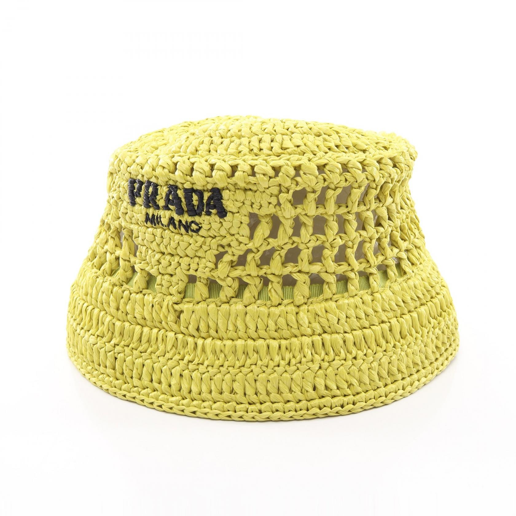 プラダ PRADA ロゴ ラフィア バゲット ハット 帽子 レーヨン レディース イエロー系 1HC137 2A2T 【中古】