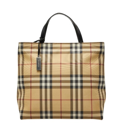 バーバリー ノバチェック ハンドバッグ ベージュ ブラック PVC レザー レディース BURBERRY 【中古】