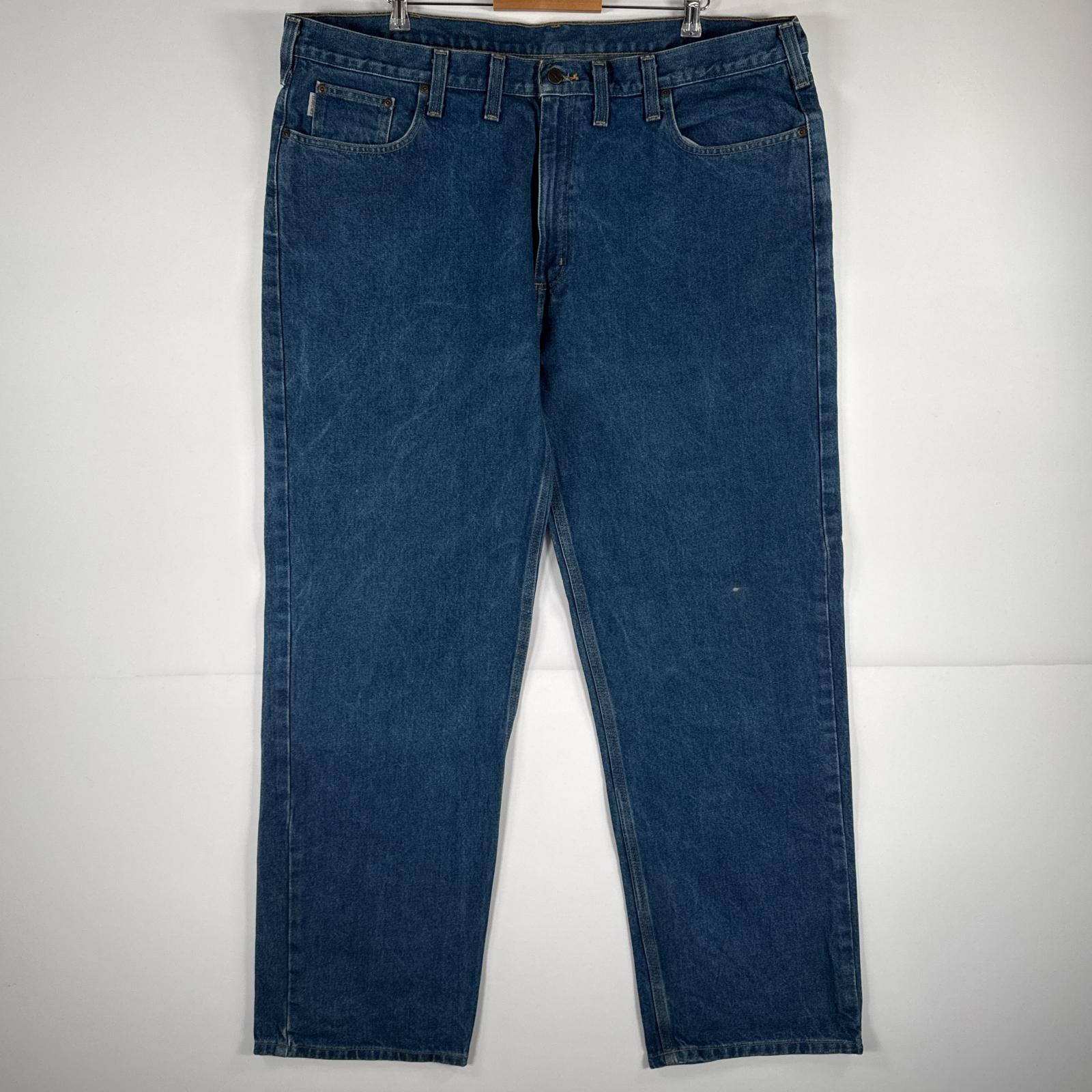 古着 カーハート Carhartt デニムパンツ ジーパン 5ポケット ワンポイント ロゴ ワークパンツ テーパード 大きいサイズ w44 L32  ブルー メンズ