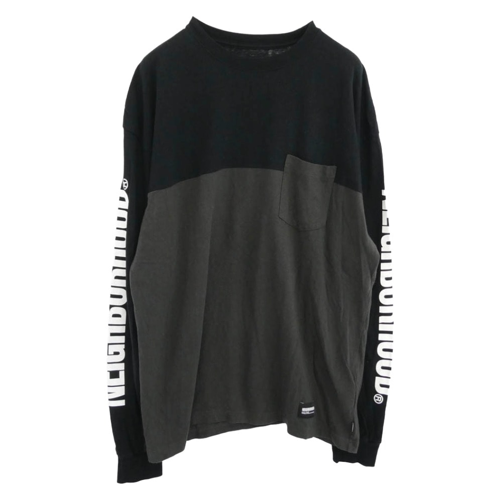 NEIGHBORHOOD ネイバーフッド Tシャツ 23AW 232UNNH-CSM04 BICOLOR CREWNECK LS バイカラー クルーネック 長袖 Tシャツ ツインアームフルロゴ プリント ロンT カットソー ブラック系 チャコール系 L【中古】