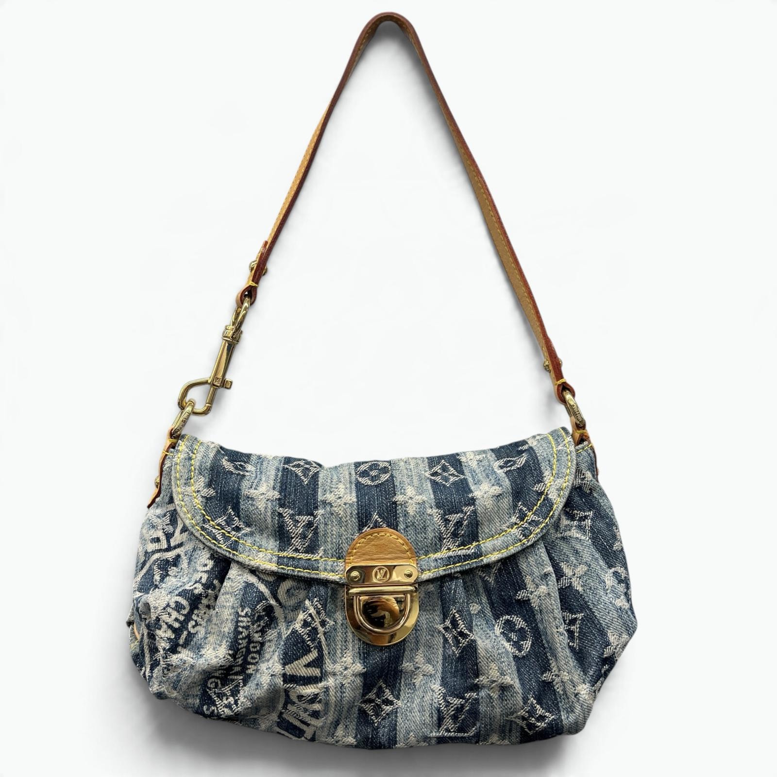 LOUIS VUITTON 希少 ルイヴィトン ミニプリーティ レイエ モノグラムデニム ショルダーバッグ M95333 デニム レザー SR1006 ブルー ベージュ ハンドバッグ Y2K ヴィトン LV ABランク 中古 鑑定済 ヴィトンバッグ
