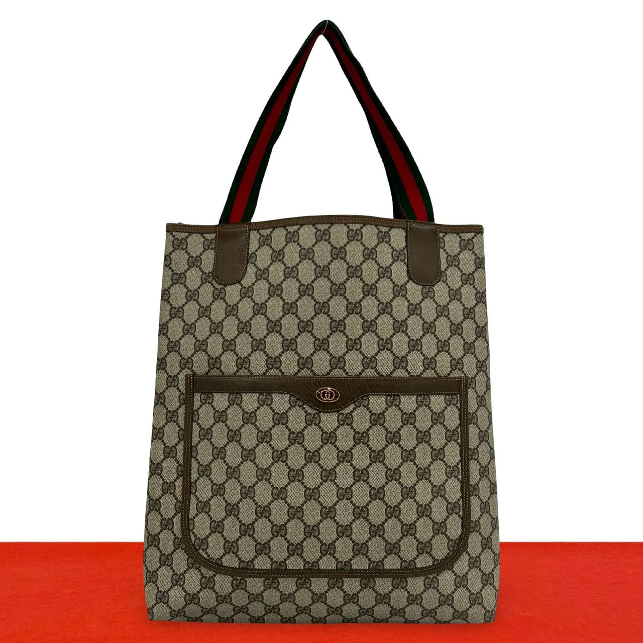 GUCCI グッチ シェリーライン GG ロゴ 柄 金具 レザー PVC トートバッグ ブラウン
 35548