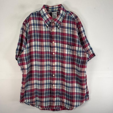 古着 ブルックスブラザーズ Brooks Brothers 半袖シャツ 胸ポケ リネン L レッド系 チェック メンズ
