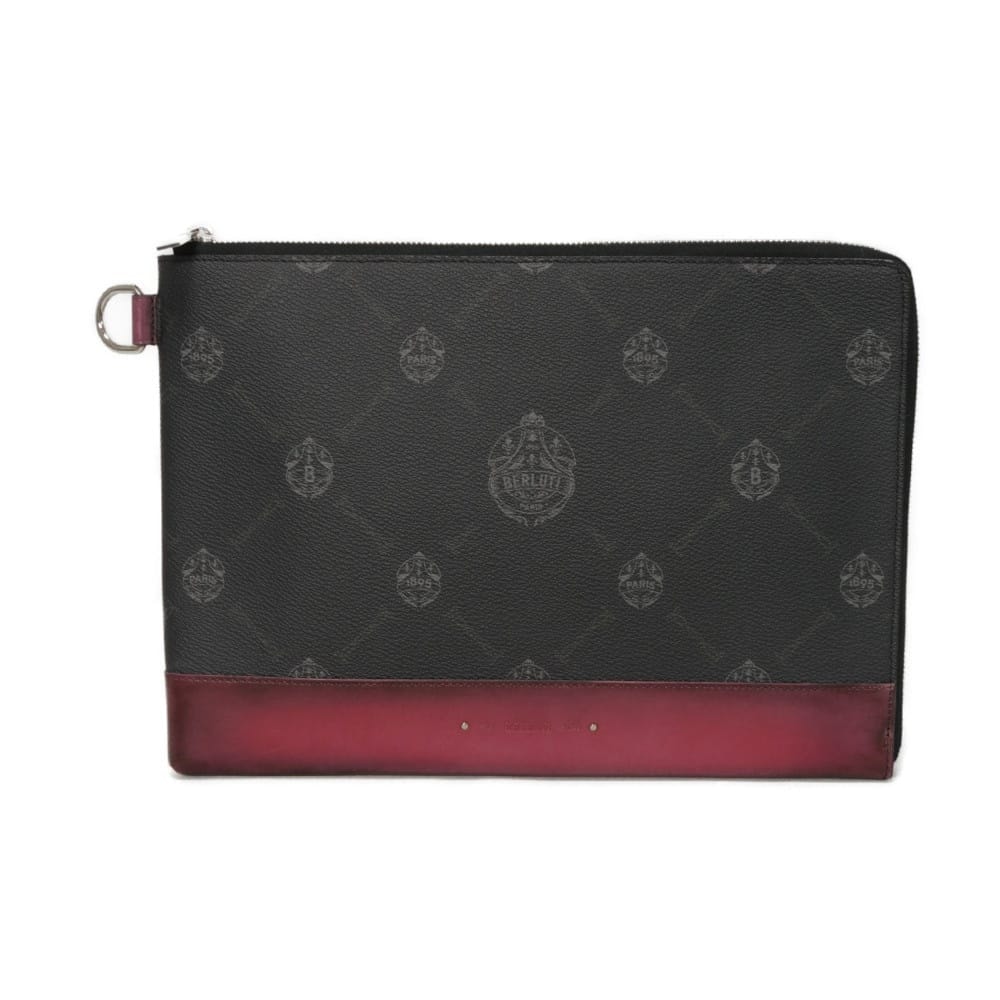 Berluti ベルルッティ ニノ GM 新ロゴ エンボス エンブレム シグネチャー ローズガーデンピンク カードケース ポーチ セカンドバッグ クレスト ブラック クラッチバッグ