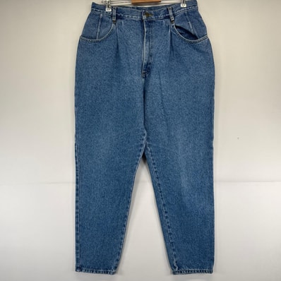 古着 エルエルビーン L.L.Bean デニム パンツ ツータック テーパード ジーパン レザーパッチ 大きいサイズ 18 L32 ブルー系 レディース