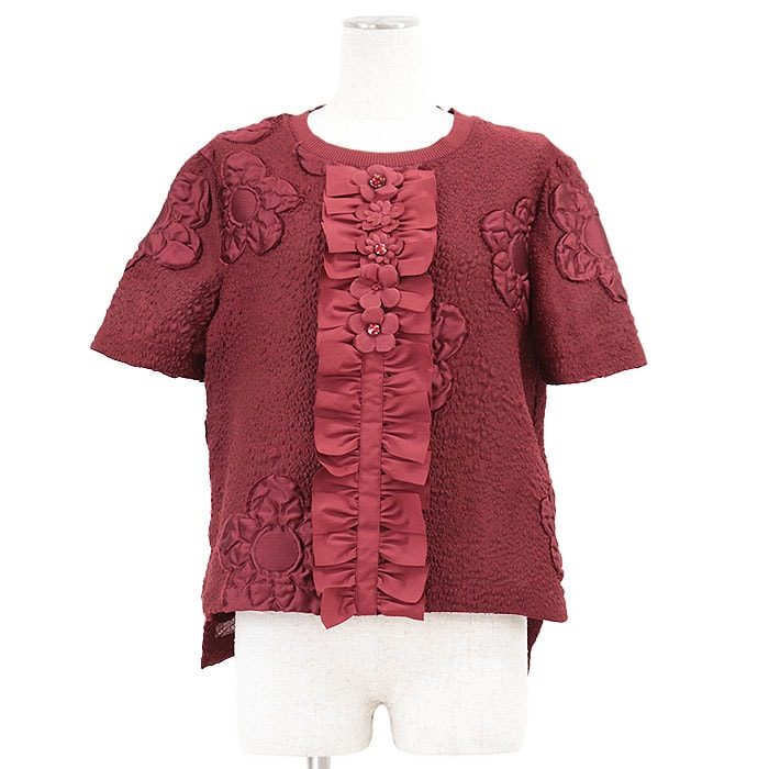 【美品】 フェンディ リボンフロント カラーストーン フラワージャガード 花柄 リラックスフィット カットソー レディース レッド 42 FENDI