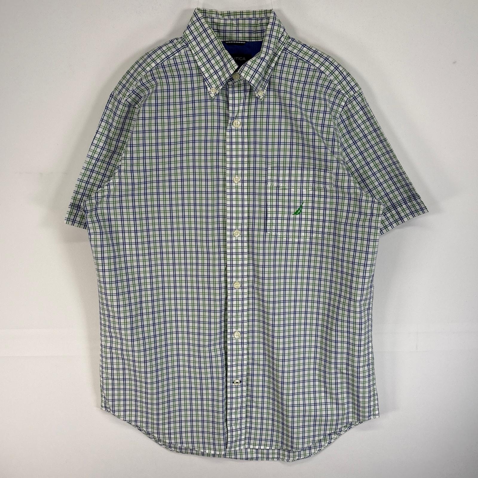 古着 ノーティカ NAUTICA 半袖シャツ ロゴ 刺繍 チェック 胸ポケ S グリーン系 マルチカラー メンズ