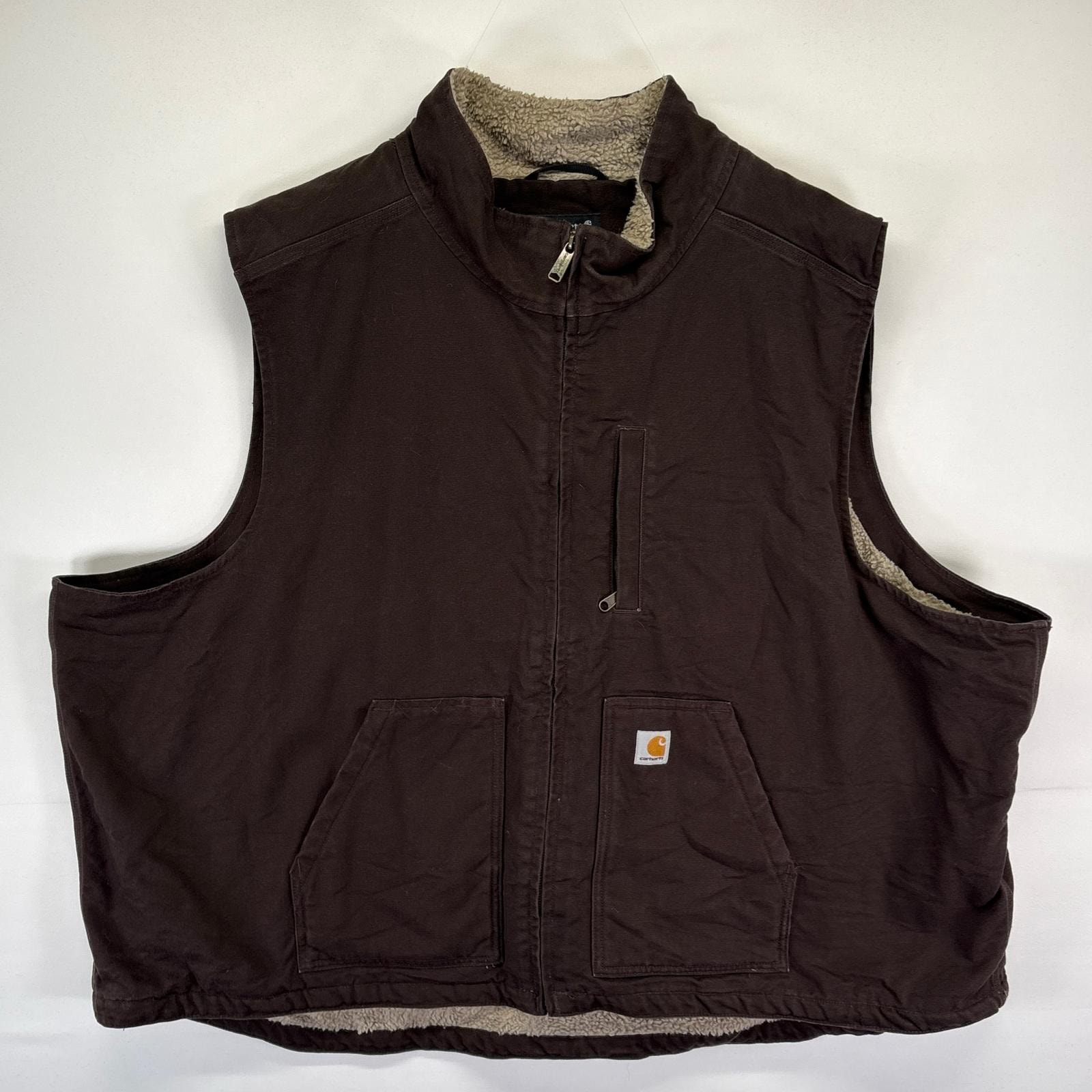 古着 カーハート Carhartt ダック ベスト フルジップ ボアライナー ルーズフィット 大きいサイズ 5XL  ブラウン系 メンズ