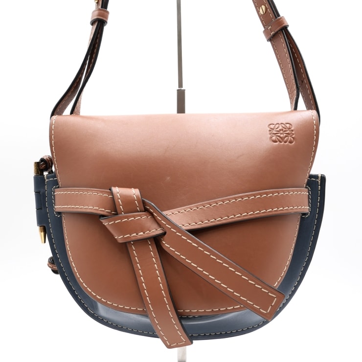LOEWE(ロエベ)ゲートバッグ スモール ショルダーバッグ ブラウン×ネイビー レザー ゴールド金具 レディース 斜め掛け【中古】