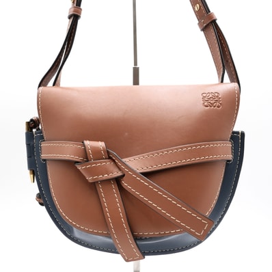 LOEWE(ロエベ)ゲートバッグ スモール ショルダーバッグ ブラウン×ネイビー レザー ゴールド金具 レディース 斜め掛け【中古】