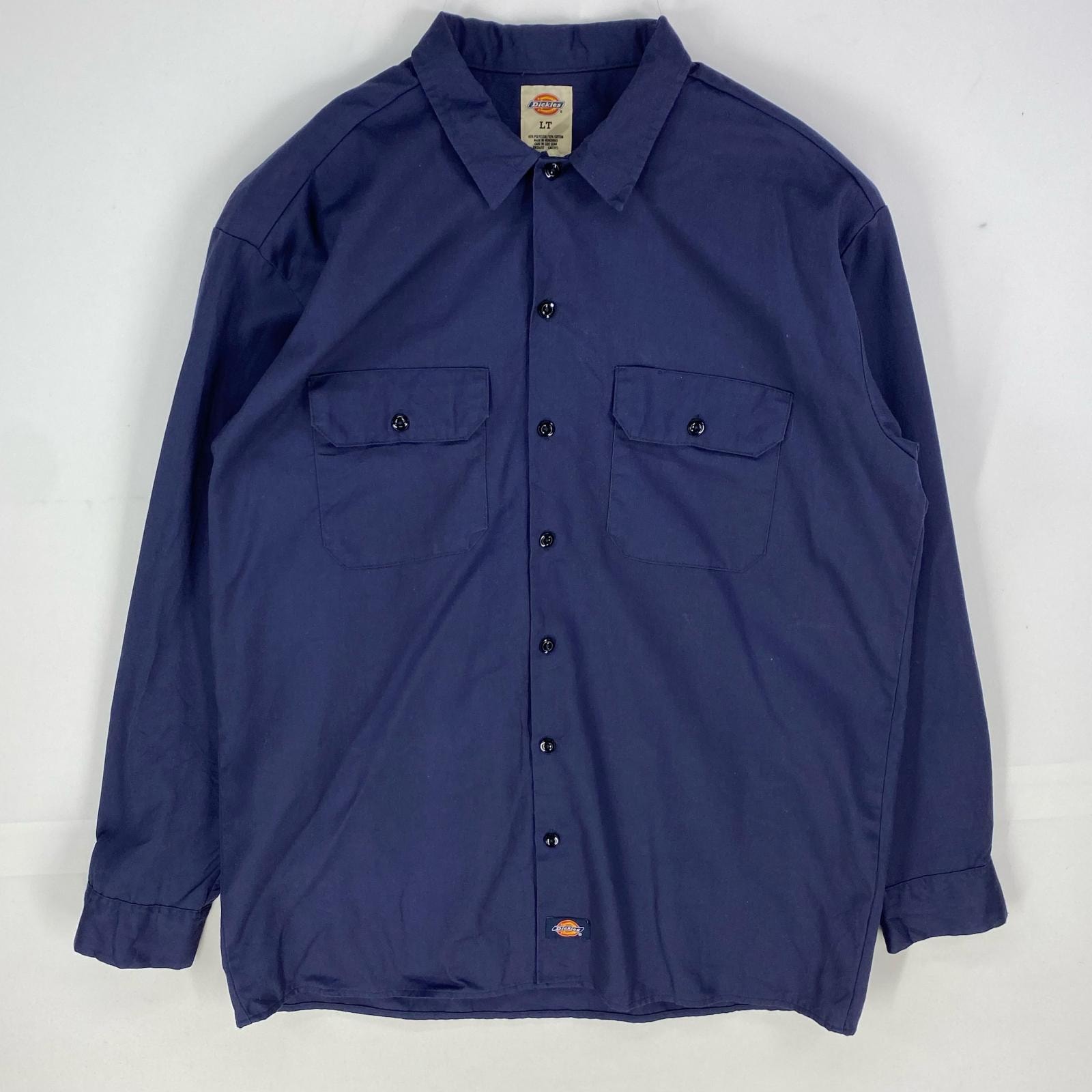 古着 ディッキーズ Dickies 長袖シャツ 胸ポケット ワーク ロングスリーブ ワンポイントロゴ LT ネイビー系 無地 メンズ