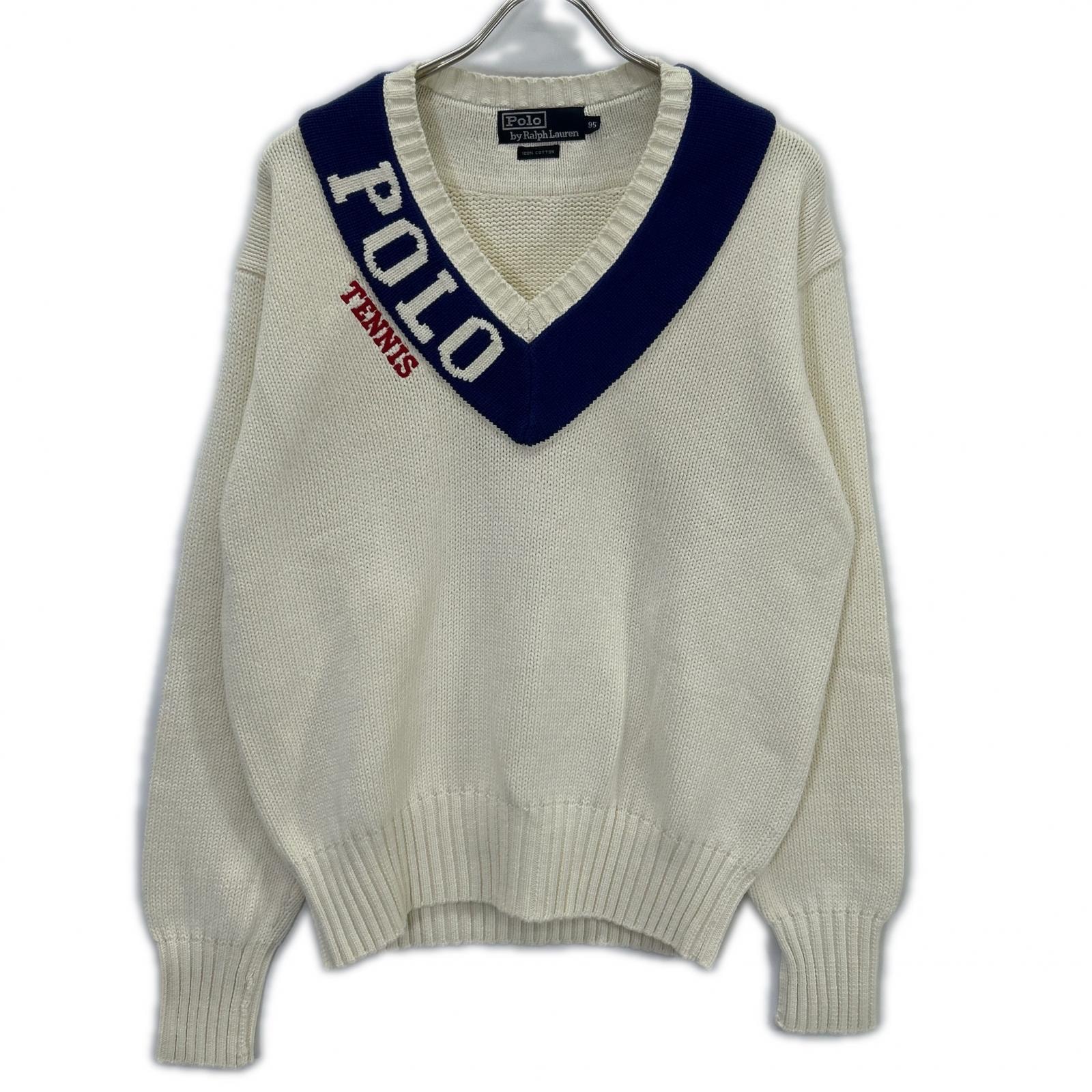 ポロ ラルフローレン ホワイト×ブルー Vネック テニス ニット 95