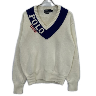 ポロ ラルフローレン ホワイト×ブルー Vネック テニス ニット 95