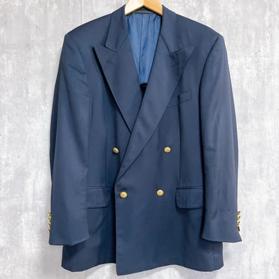 【dunhill】ダンヒル テーラードジャケット ダブルブレスト 金ボタン ピークドラペル フラップポケット 胸ポケット ネイビー 紺ブレザー