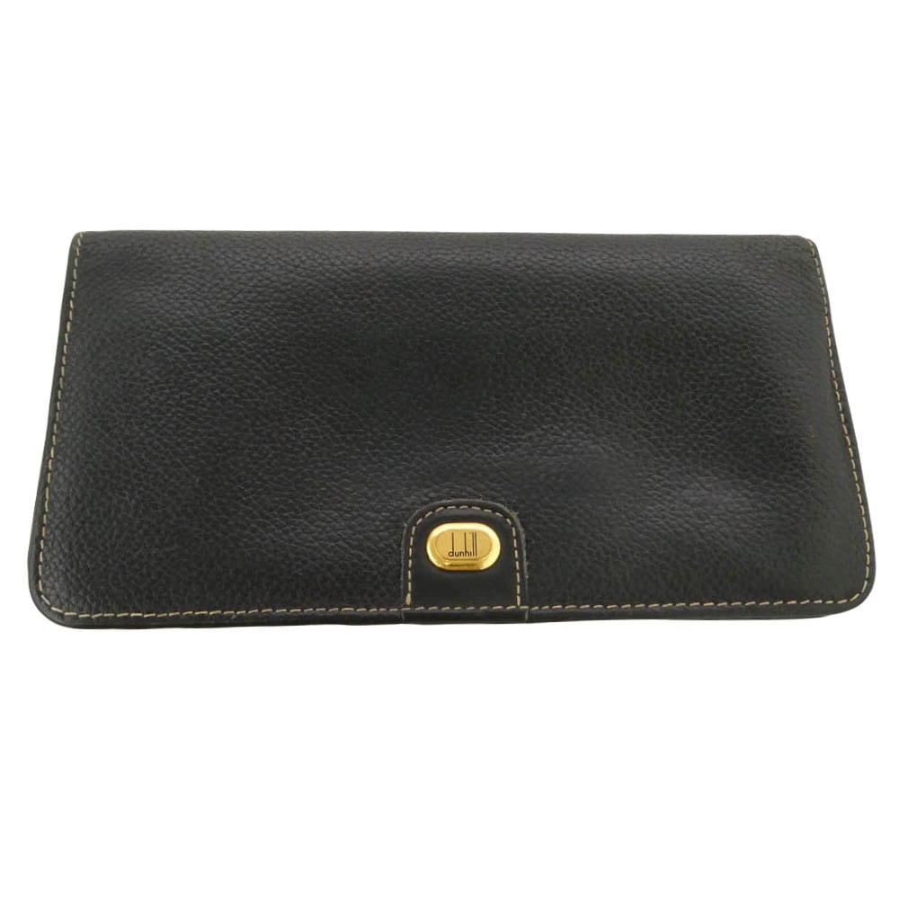 Dunhill ダンヒル ロゴ金具 レザー シボ革 折り財布 ロングウォレット 札入れ ブラック系【中古】