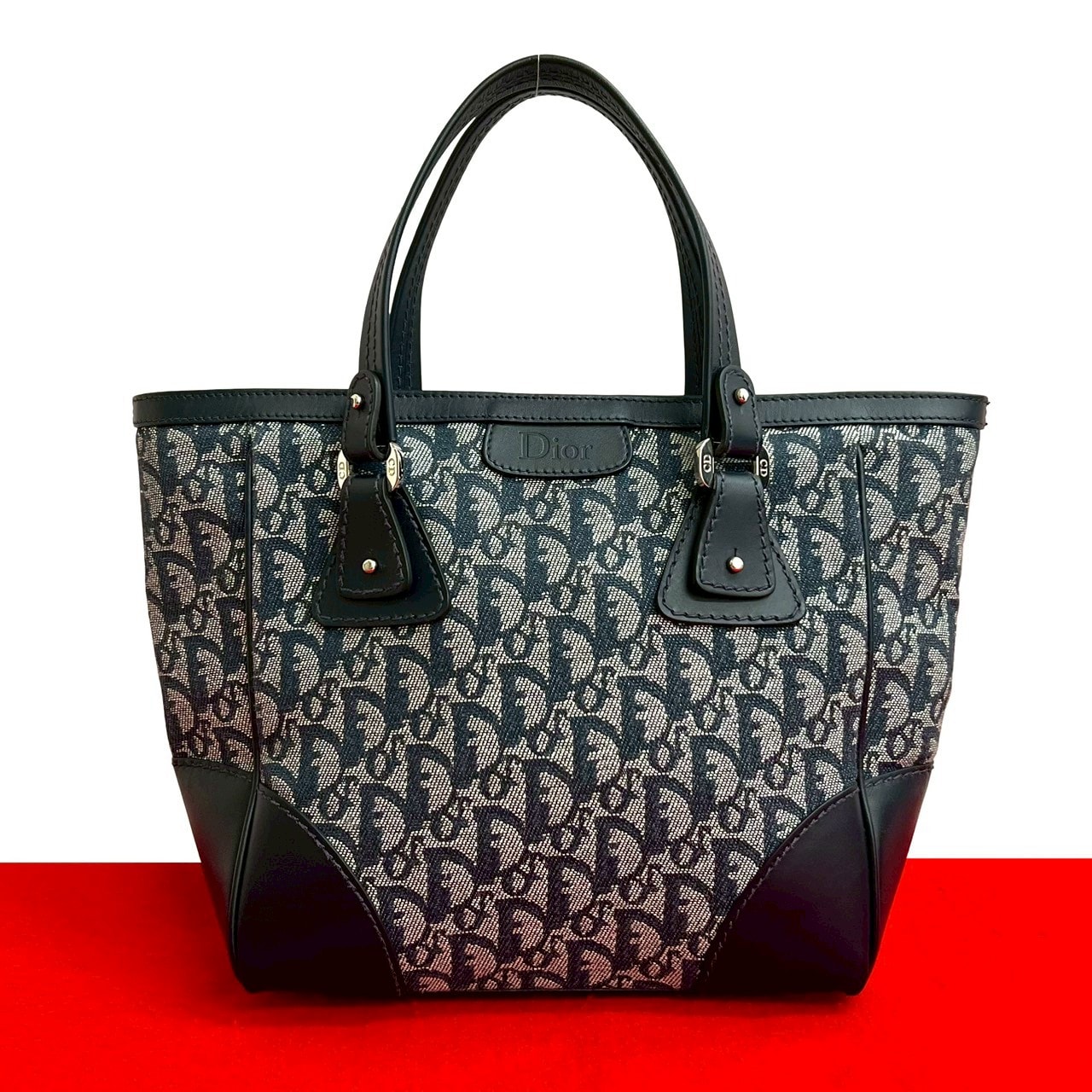 Christian Dior ディオール トロッター 柄 CD ロゴ 金具 キャンバス レザー ハンドバッグ ネイビー
34728
